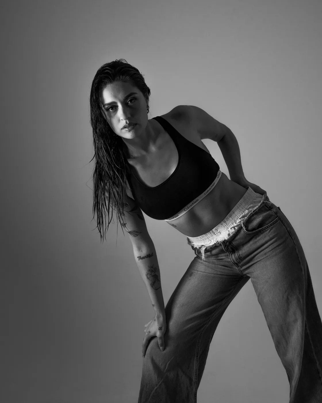 Black and white, wide-leg jeans, wet hair